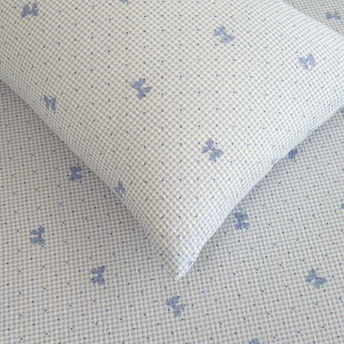 91家纺网 家纺一手货源 找家纺 贝扬思家纺 2026新款高克重泡芙纱印花款单床笠床笠单件-浅糯 CL浅糯-予诗蓝