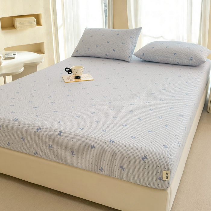 91家纺网 家纺一手货源 找家纺 贝扬思家纺 2026新款高克重泡芙纱印花款单床笠床笠单件-浅糯 CL浅糯-予诗蓝