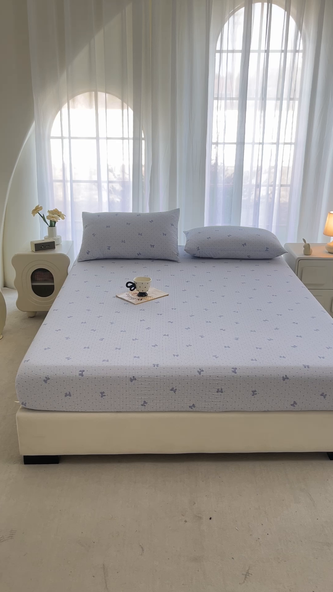 91家纺网 家纺一手货源 找家纺 贝扬思家纺 2026新款高克重泡芙纱印花款单床笠床笠单件-浅糯 CL浅糯-予诗蓝