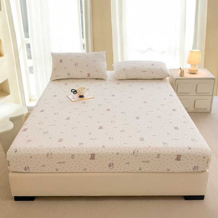 91家纺网 家纺一手货源 找家纺 贝扬思家纺 2026新款高克重泡芙纱印花款单床笠床笠单件-浅糯 CL浅糯-悦悦小兔