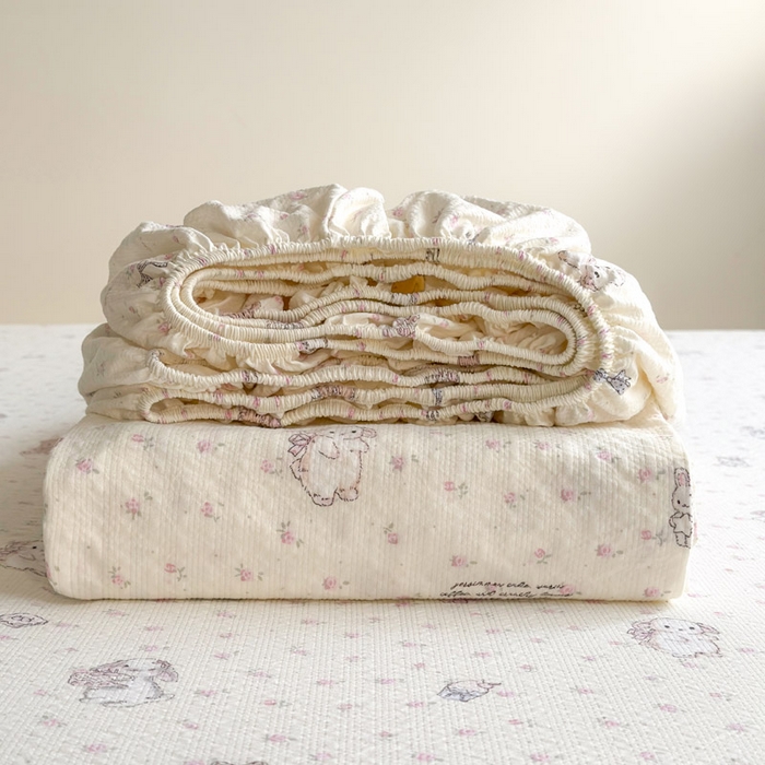 91家纺网 家纺一手货源 找家纺 贝扬思家纺 2026新款高克重泡芙纱印花款单床笠床笠单件-浅糯 CL浅糯-悦悦小兔