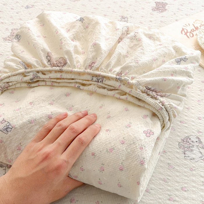 91家纺网 家纺一手货源 找家纺 贝扬思家纺 2026新款高克重泡芙纱印花款单床笠床笠单件-浅糯 CL浅糯-悦悦小兔
