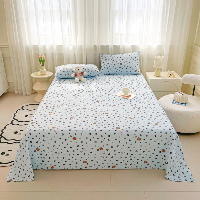 91家纺网 家纺一手货源 找家纺 贝扬思家纺 2026新款高克重泡芙纱印花款单床单-软糖 CD软糖-豹纹咪星蓝