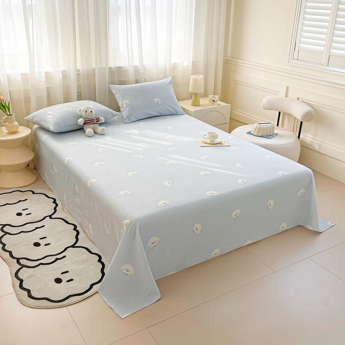 91家纺网 家纺一手货源 找家纺 贝扬思家纺 2026新款高克重泡芙纱印花款单床单-软糖 CD软糖-蓝领结狗