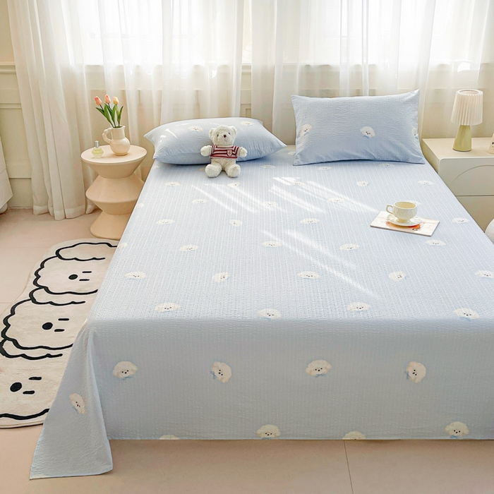 91家纺网 家纺一手货源 找家纺 贝扬思家纺 2026新款高克重泡芙纱印花款单床单-软糖 CD软糖-蓝领结狗