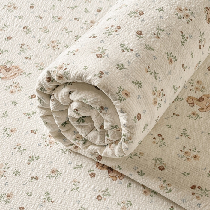 91家纺网 家纺一手货源 找家纺 贝扬思家纺 2026新款高克重泡芙纱印花款单床单-软糖 CD软糖-木马小花团