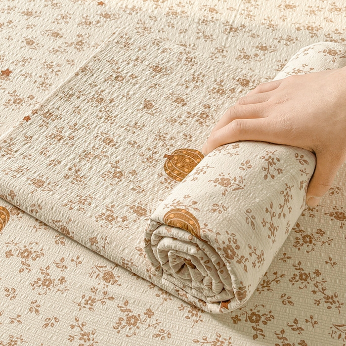 91家纺网 家纺一手货源 找家纺 贝扬思家纺 2026新款高克重泡芙纱印花款单床单-软糖 CD软糖-秋末南瓜星