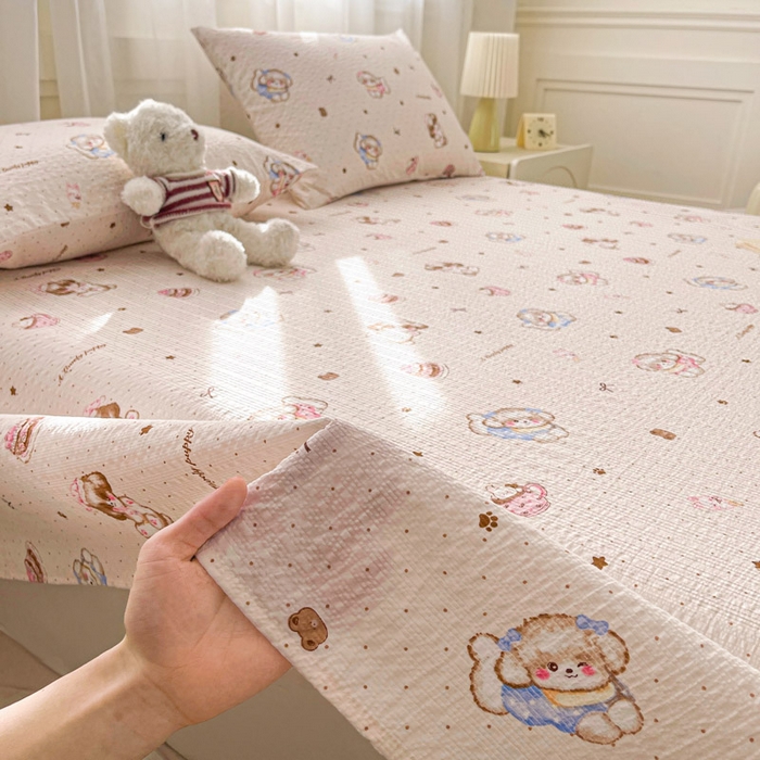 91家纺网 家纺一手货源 找家纺 贝扬思家纺 2026新款高克重泡芙纱印花款单床单-软糖 CD软糖-甜品萌狗