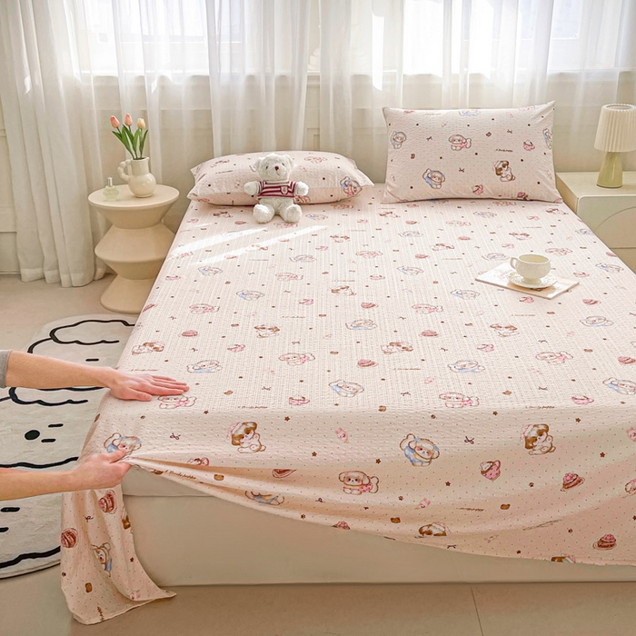 91家纺网 家纺一手货源 找家纺 贝扬思家纺 2026新款高克重泡芙纱印花款单床单-软糖 CD软糖-甜品萌狗