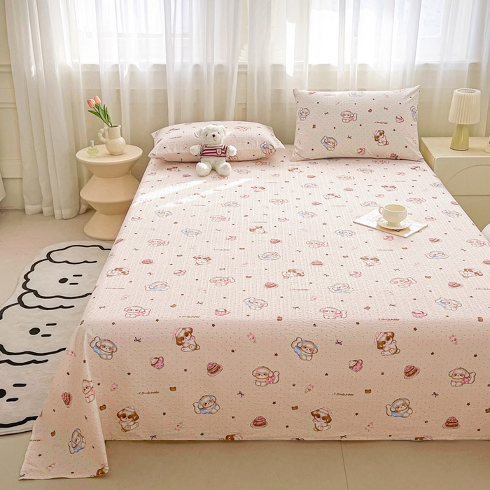 91家纺网 家纺一手货源 找家纺 贝扬思家纺 2026新款高克重泡芙纱印花款单床单-软糖 CD软糖-甜品萌狗