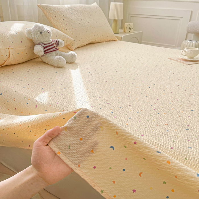 91家纺网 家纺一手货源 找家纺 贝扬思家纺 2026新款高克重泡芙纱印花款单床单-软糖 CD软糖-星月糖粒