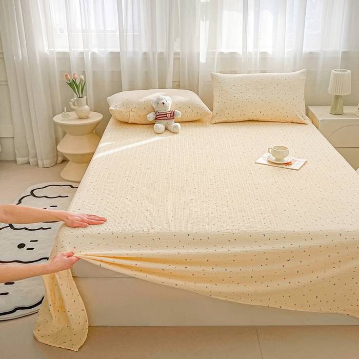 91家纺网 家纺一手货源 找家纺 贝扬思家纺 2026新款高克重泡芙纱印花款单床单-软糖 CD软糖-星月糖粒