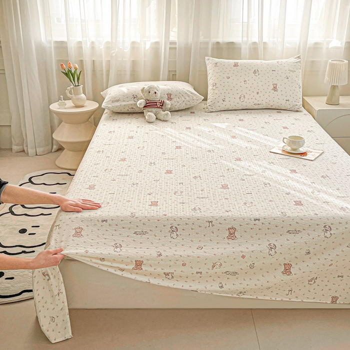 91家纺网 家纺一手货源 找家纺 贝扬思家纺 2026新款高克重泡芙纱印花款单床单-软糖 CD软糖-悦悦小兔