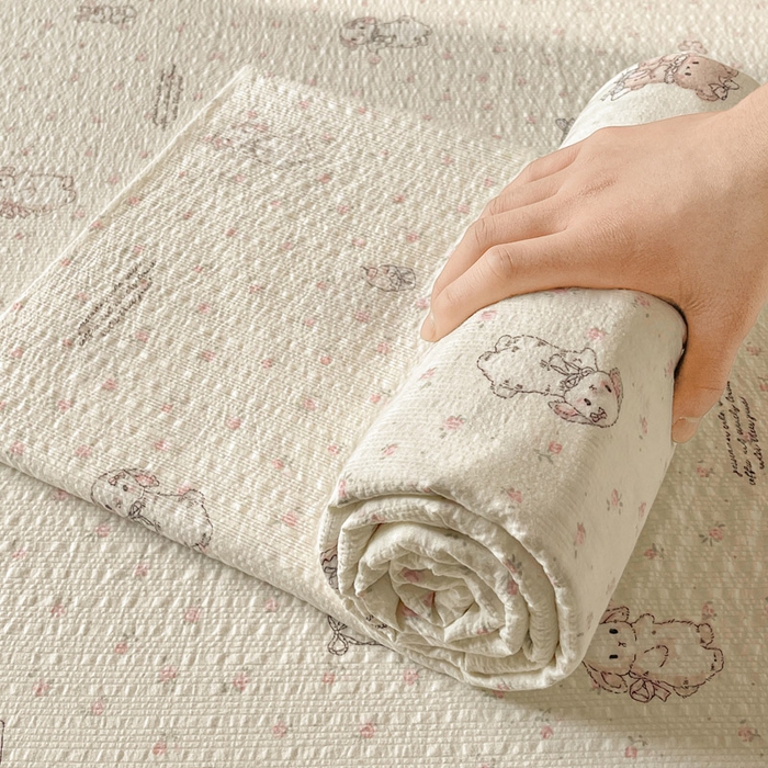 91家纺网 家纺一手货源 找家纺 贝扬思家纺 2026新款高克重泡芙纱印花款单床单-软糖 CD软糖-悦悦小兔