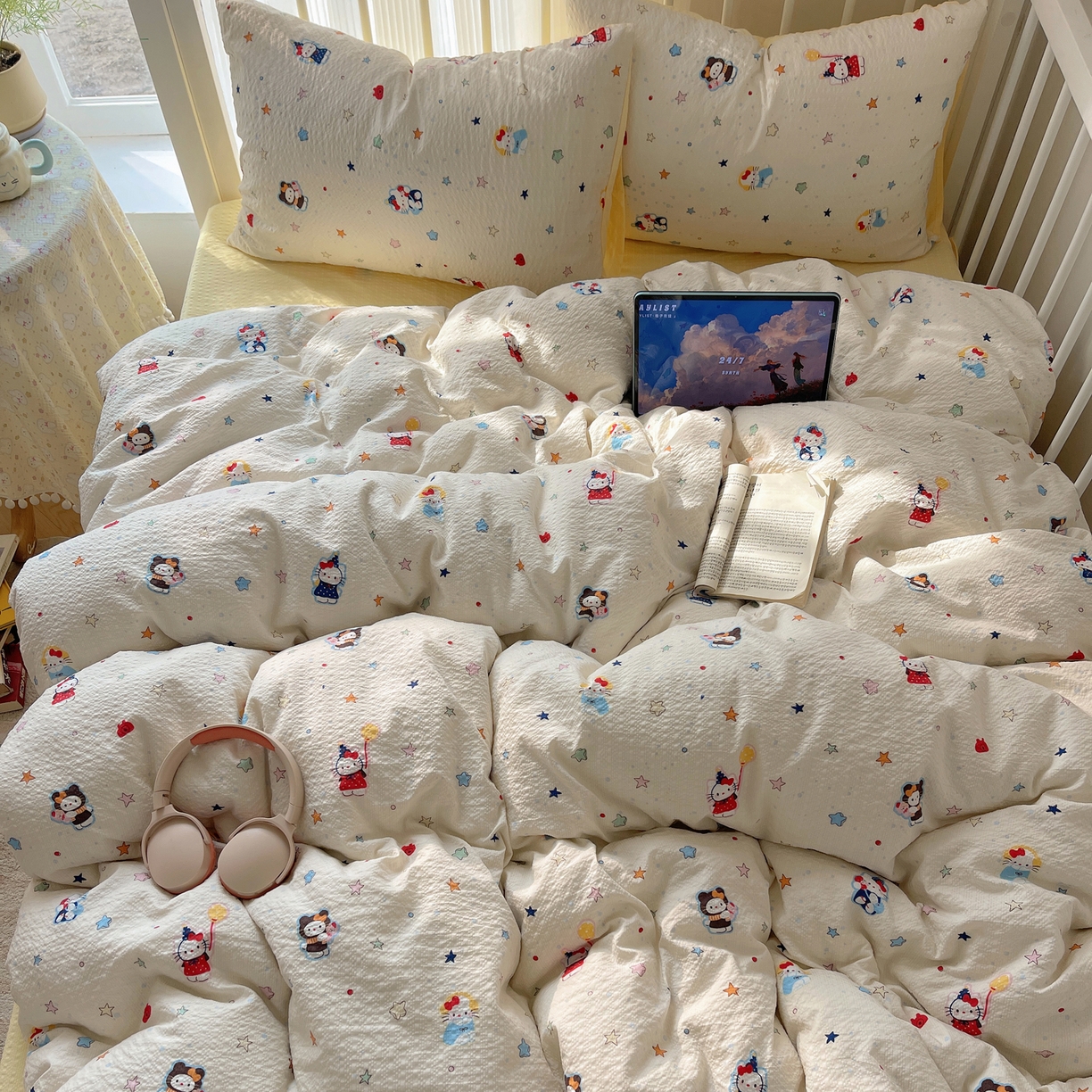 91家纺网 家纺一手货源 找家纺 （总）贝扬思家纺 2026新款高品质A类泡芙纱-可爱猫猫系列普通款四件套（110g）