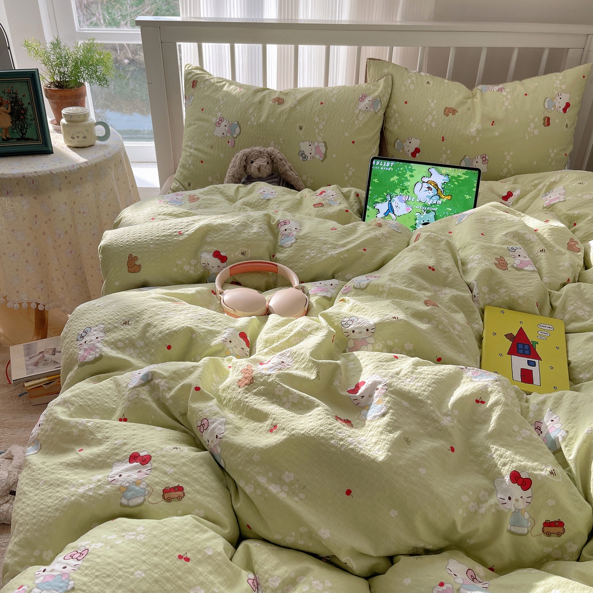 贝扬思家纺 2026新款高品质A类泡芙纱-可爱猫猫系列普通款四件套（110g） 小猫拉车