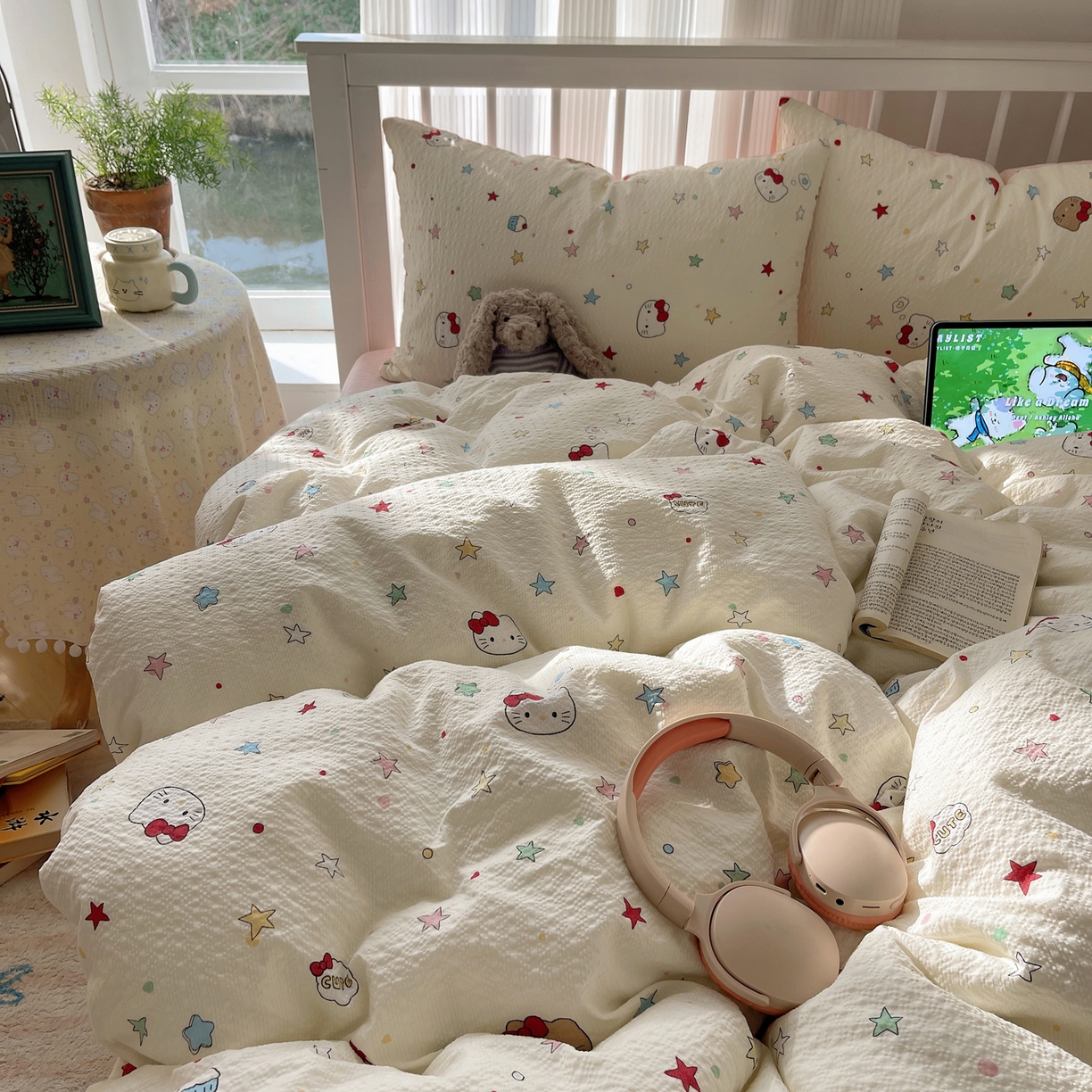 贝扬思家纺 2026新款高品质A类泡芙纱-可爱猫猫系列普通款四件套（110g） 星芒凯蒂