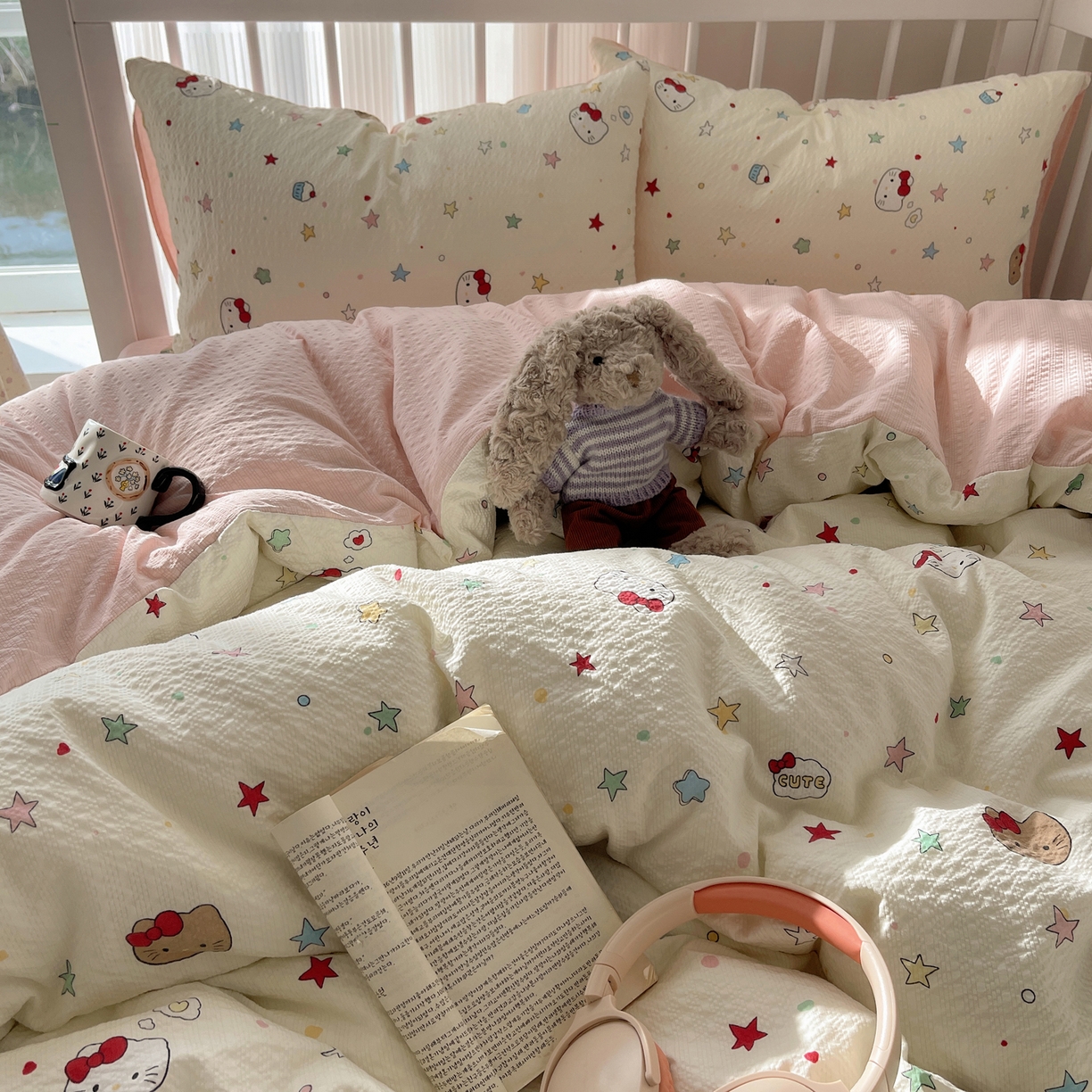 91家纺网 家纺一手货源 找家纺 贝扬思家纺 2026新款高品质A类泡芙纱-可爱猫猫系列普通款四件套（110g） 星芒凯蒂