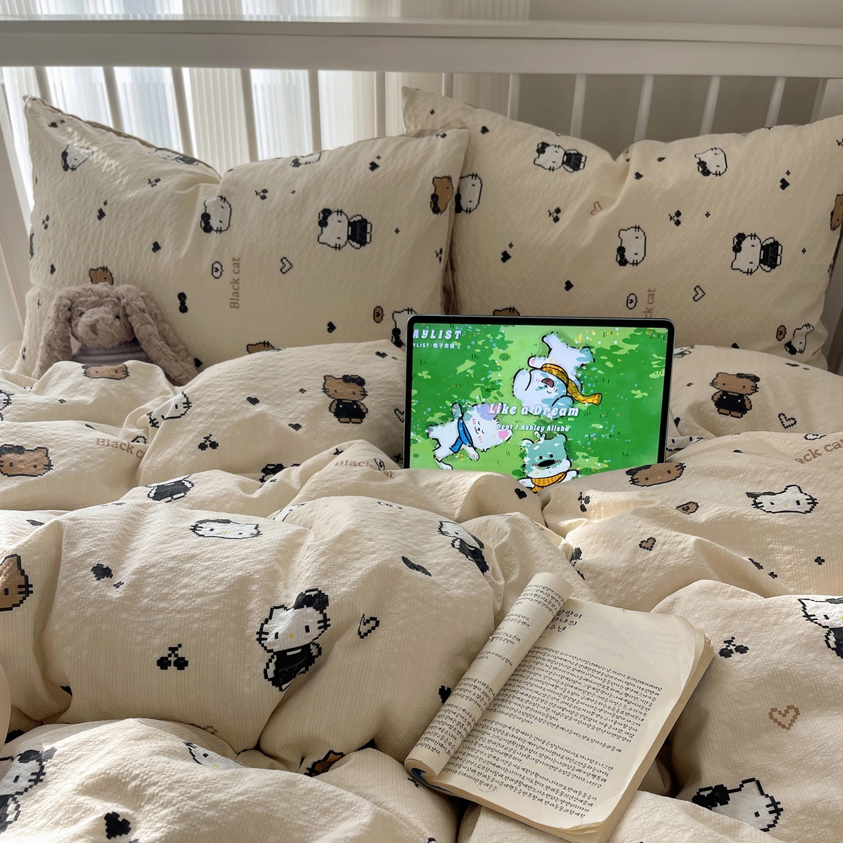 贝扬思家纺 2026新款高品质A类泡芙纱-可爱猫猫系列普通款四件套（110g） 奥利奥小猫