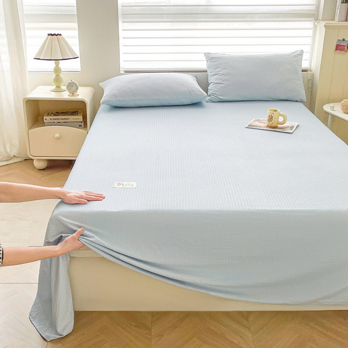 91家纺网 家纺一手货源 找家纺 贝扬思家纺 2026新款高品质A类泡芙纱纯色单床单床单单件 CD-浅蓝