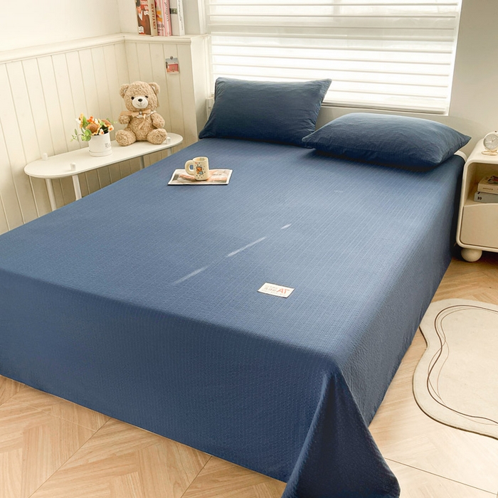 91家纺网 家纺一手货源 找家纺 贝扬思家纺 2026新款高品质A类泡芙纱纯色单床单床单单件 CD-深蓝