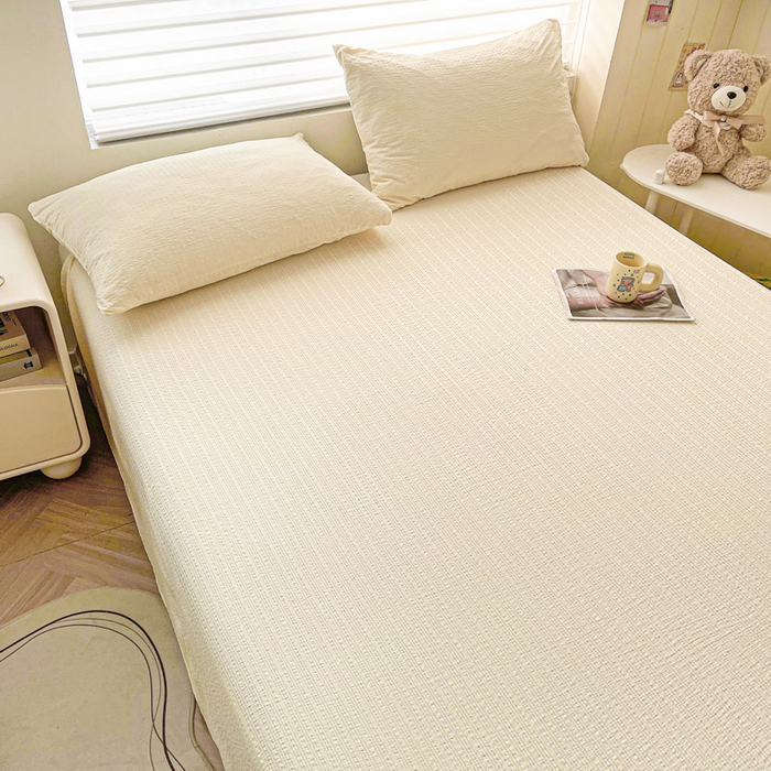 91家纺网 家纺一手货源 找家纺 贝扬思家纺 2026新款高品质A类泡芙纱纯色单床单床单单件 CD-米黄