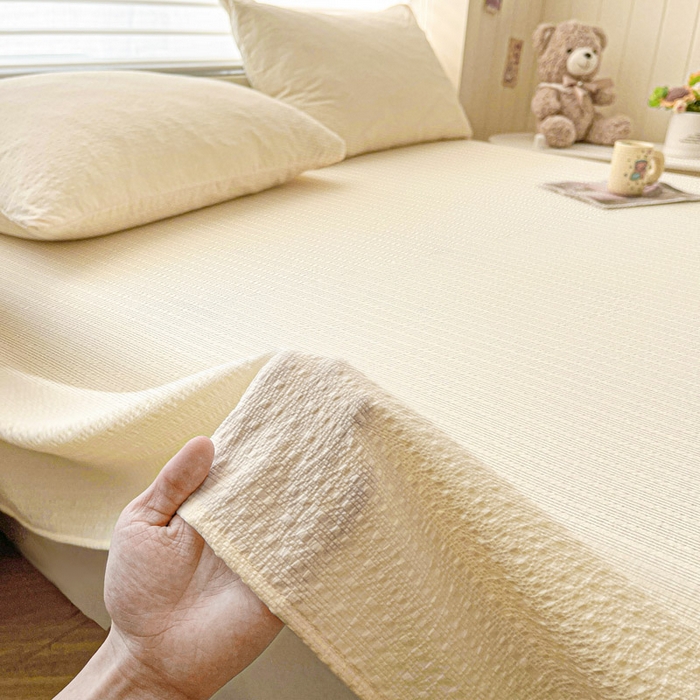 91家纺网 家纺一手货源 找家纺 贝扬思家纺 2026新款高品质A类泡芙纱纯色单床单床单单件 CD-米黄