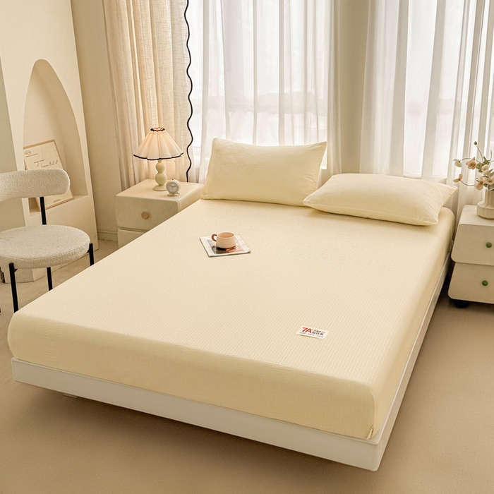 91家纺网 家纺一手货源 找家纺 贝扬思家纺 2026新款高品质A类泡芙纱纯色单床笠系列-110g CL-米黄