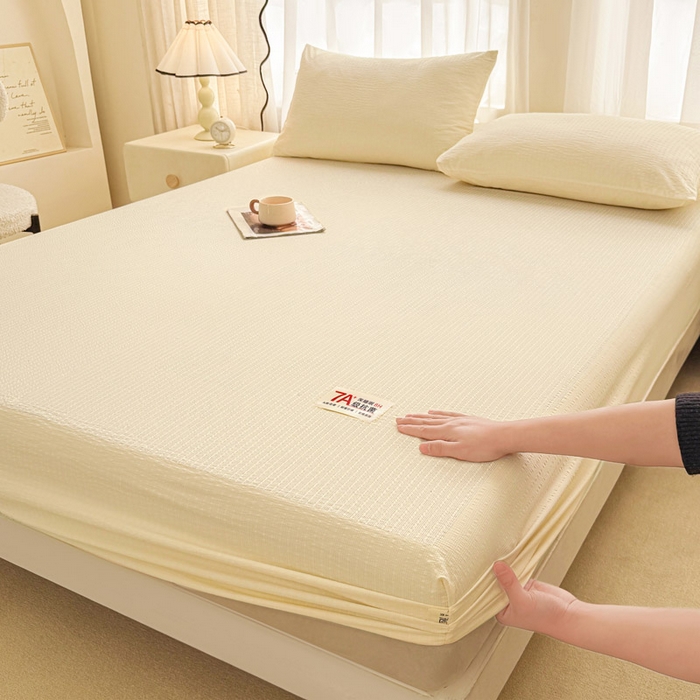 91家纺网 家纺一手货源 找家纺 贝扬思家纺 2026新款高品质A类泡芙纱纯色单床笠系列-110g CL-米黄