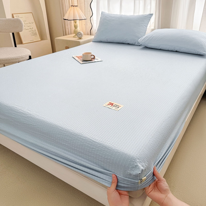 91家纺网 家纺一手货源 找家纺 贝扬思家纺 2026新款高品质A类泡芙纱纯色单床笠系列-110g CL-浅蓝