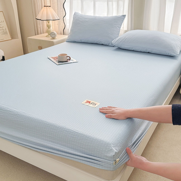 91家纺网 家纺一手货源 找家纺 贝扬思家纺 2026新款高品质A类泡芙纱纯色单床笠系列-110g CL-浅蓝