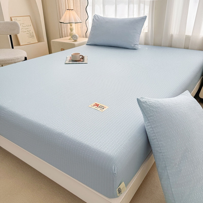 91家纺网 家纺一手货源 找家纺 贝扬思家纺 2026新款高品质A类泡芙纱纯色单床笠系列-110g CL-浅蓝