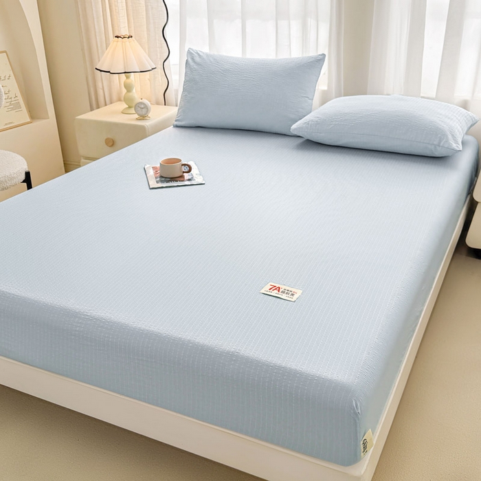 91家纺网 家纺一手货源 找家纺 贝扬思家纺 2026新款高品质A类泡芙纱纯色单床笠系列-110g CL-浅蓝