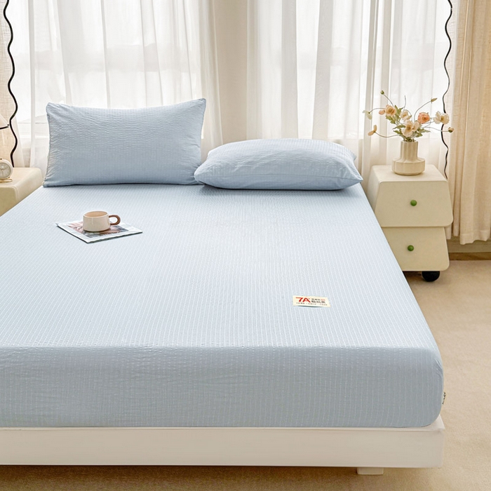 91家纺网 家纺一手货源 找家纺 贝扬思家纺 2026新款高品质A类泡芙纱纯色单床笠系列-110g CL-浅蓝