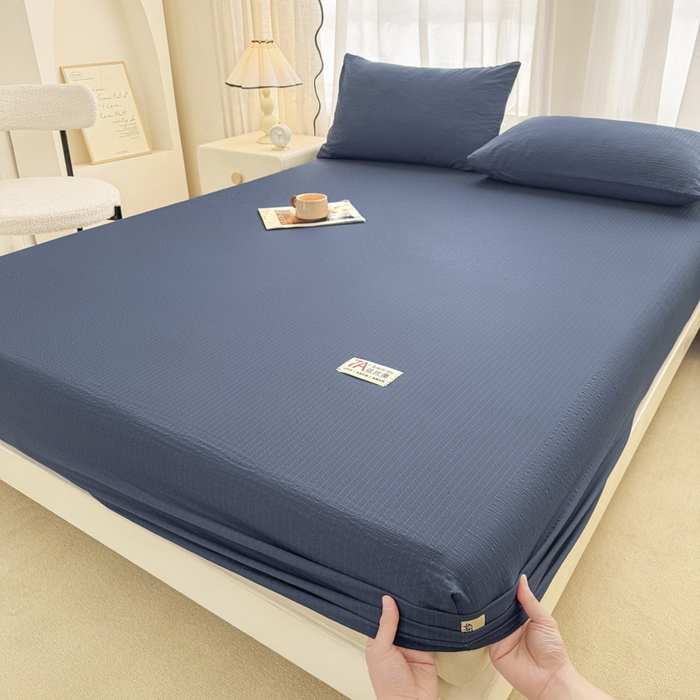 91家纺网 家纺一手货源 找家纺 贝扬思家纺 2026新款高品质A类泡芙纱纯色单床笠系列-110g CL-深蓝