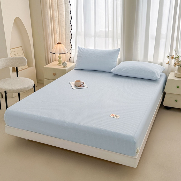 91家纺网 家纺一手货源 找家纺 贝扬思家纺 2026新款高品质A类泡芙纱纯色单床笠系列-110g CL-浅蓝