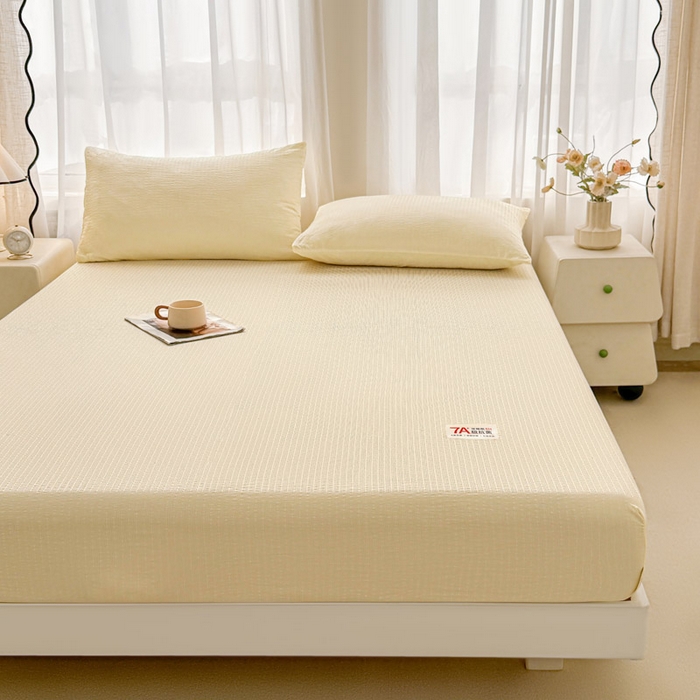 91家纺网 家纺一手货源 找家纺 贝扬思家纺 2026新款高品质A类泡芙纱纯色单床笠系列-110g CL-米黄