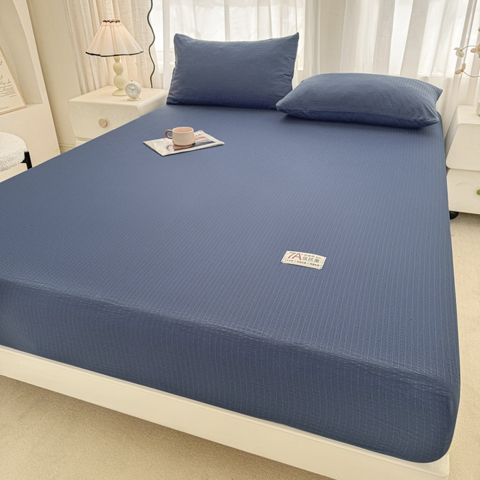 91家纺网 家纺一手货源 找家纺 贝扬思家纺 2026新款高品质A类泡芙纱纯色单床笠系列-110g CL-深蓝