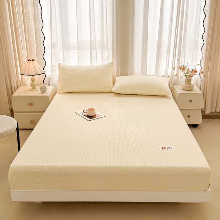 91家纺网 家纺一手货源 找家纺 贝扬思家纺 2026新款高品质A类泡芙纱纯色单床笠系列-110g CL-米黄