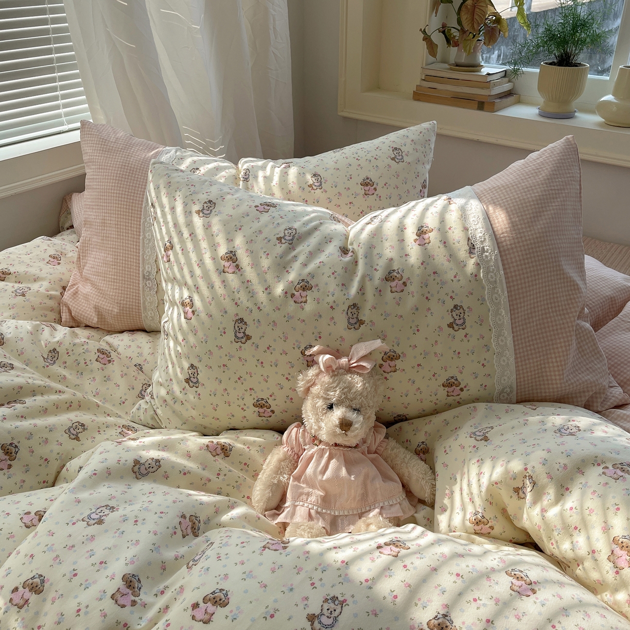 91家纺网 家纺一手货源 找家纺 花漾家居 2026新款小红书爆款小清新格子双拼刺绣小花边古法水洗棉四件套 芝芝小狗