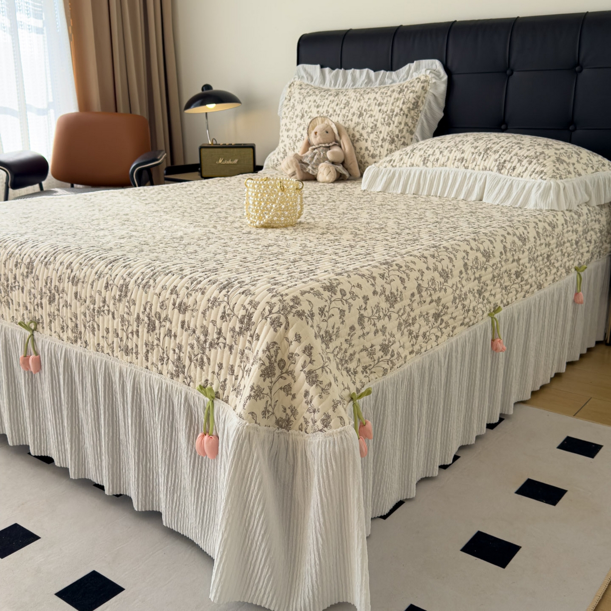 91家纺网 家纺一手货源 找家纺 （总）花漾家居 2026新款雪尼尔雪纺蕾丝大花边床盖单品床盖单件三件套