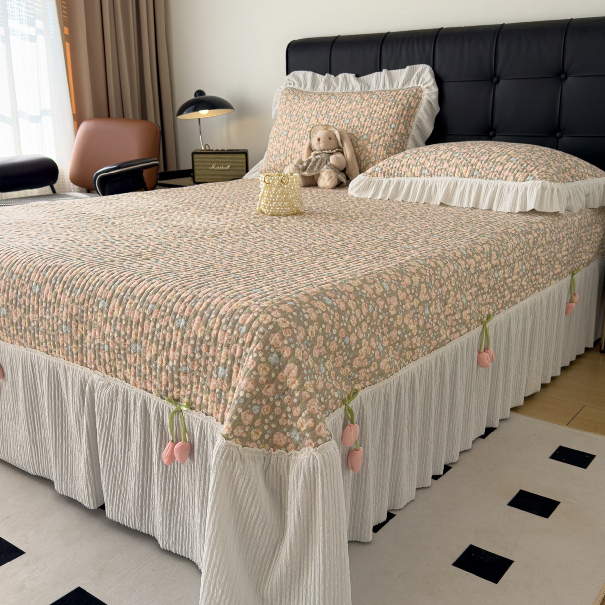 花漾家居 2026新款雪尼尔雪纺蕾丝大花边床盖单品床盖单件三件套 晴川