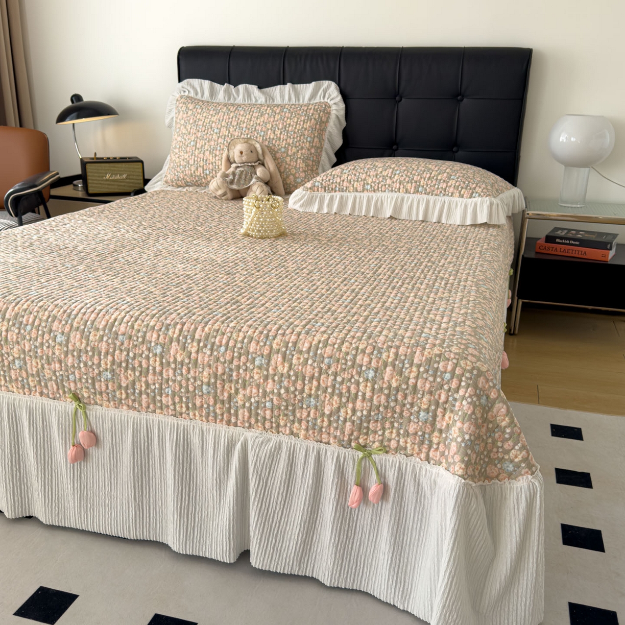 91家纺网 家纺一手货源 找家纺 花漾家居 2026新款雪尼尔雪纺蕾丝大花边床盖单品床盖单件三件套 晴川