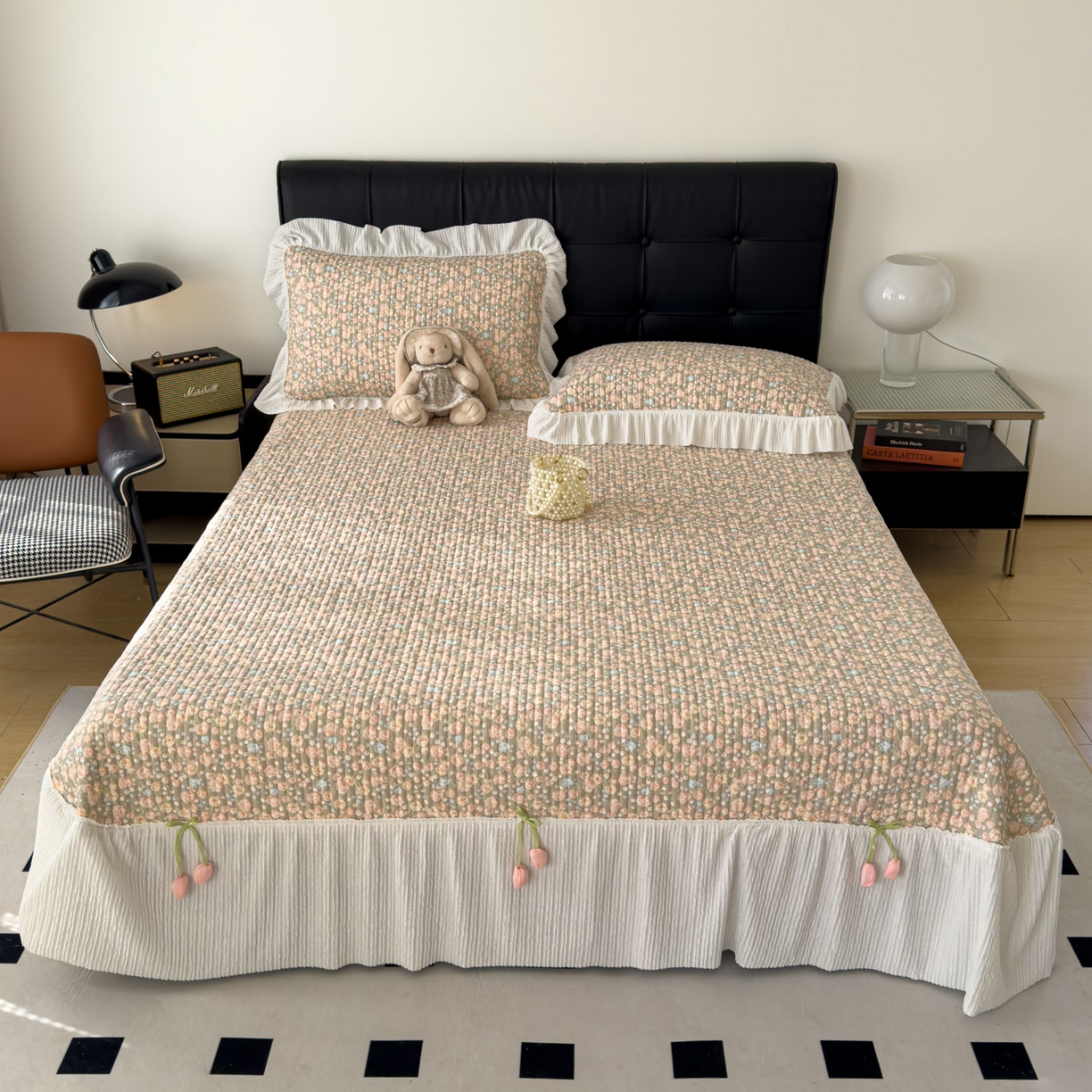 91家纺网 家纺一手货源 找家纺 花漾家居 2026新款雪尼尔雪纺蕾丝大花边床盖单品床盖单件三件套 晴川