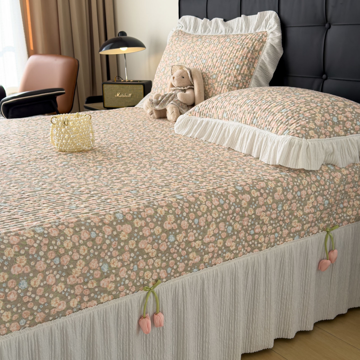 91家纺网 家纺一手货源 找家纺 花漾家居 2026新款雪尼尔雪纺蕾丝大花边床盖单品床盖单件三件套 晴川