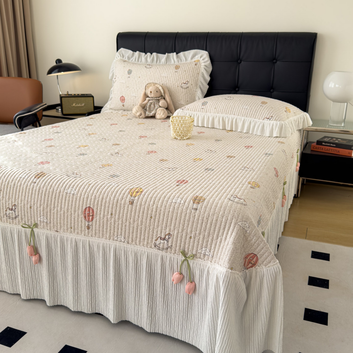 91家纺网 家纺一手货源 找家纺 花漾家居 2026新款雪尼尔雪纺蕾丝大花边床盖单品床盖单件三件套 热气球