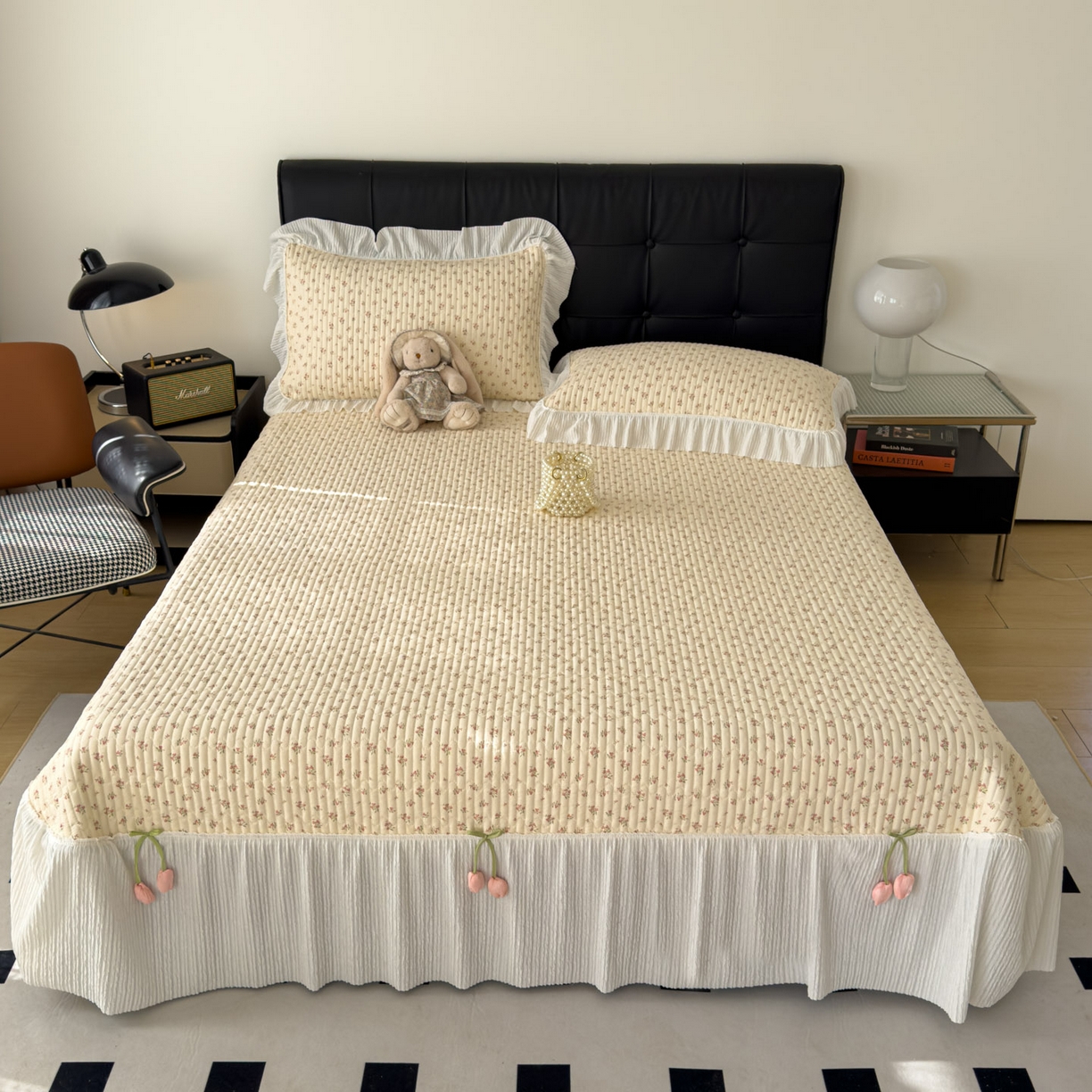 91家纺网 家纺一手货源 找家纺 花漾家居 2026新款雪尼尔雪纺蕾丝大花边床盖单品床盖单件三件套 小杏芙