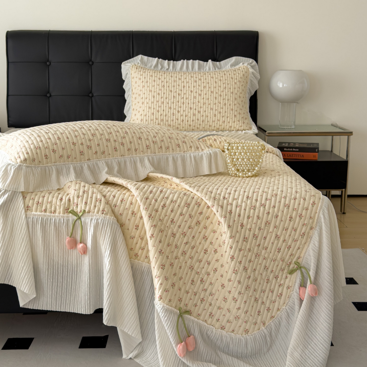 91家纺网 家纺一手货源 找家纺 花漾家居 2026新款雪尼尔雪纺蕾丝大花边床盖单品床盖单件三件套 小杏芙