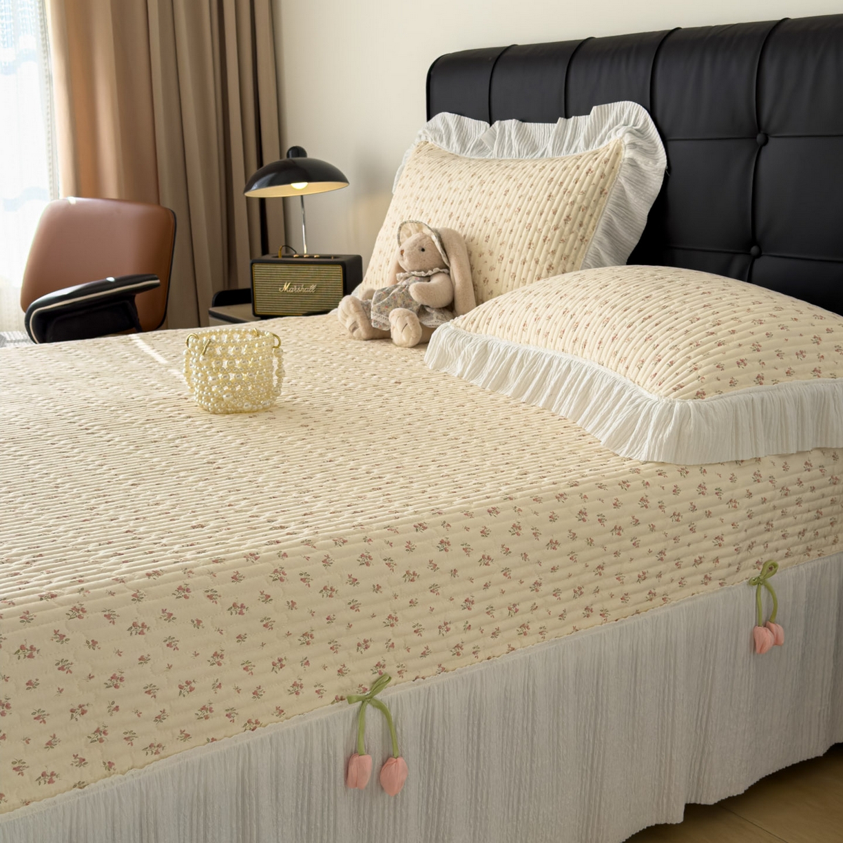 91家纺网 家纺一手货源 找家纺 花漾家居 2026新款雪尼尔雪纺蕾丝大花边床盖单品床盖单件三件套 小杏芙