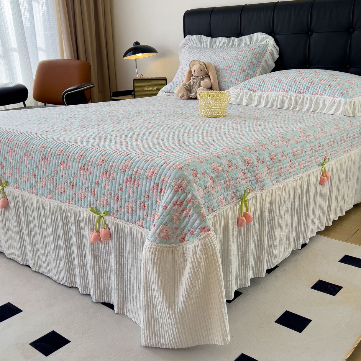 花漾家居 2026新款雪尼尔雪纺蕾丝大花边床盖单品床盖单件三件套 伊水芙蓉